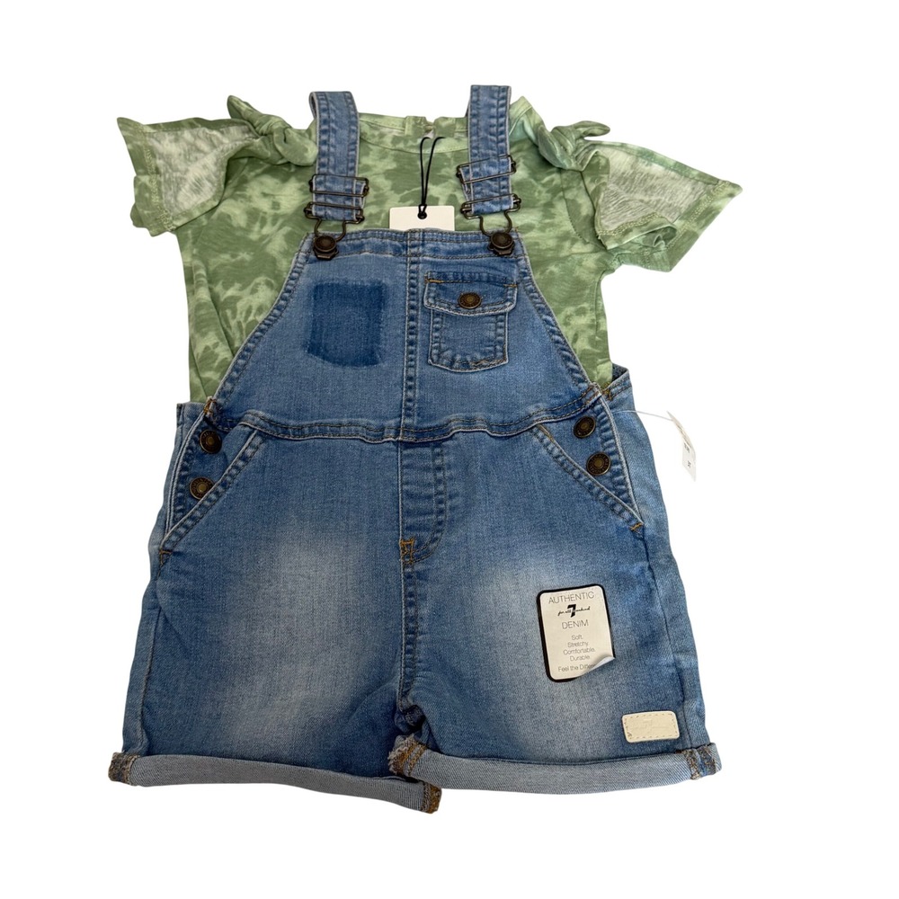 7 For All Mankind Girls 3T Denim Shortalls & Green Tie Dye T-Shirt Outfit Boho